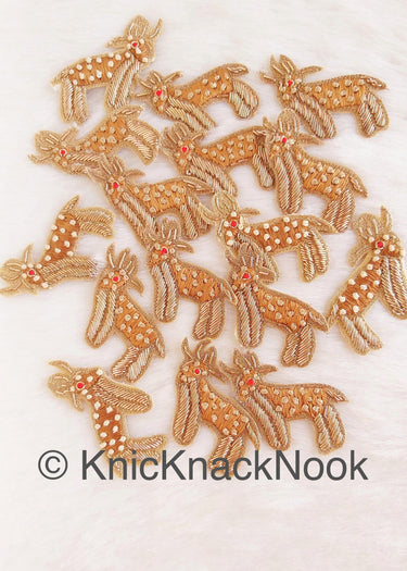Hand Embroidered Deer Applique In Gold, Beige And Red Zardozi Threadwork, Animal Motif